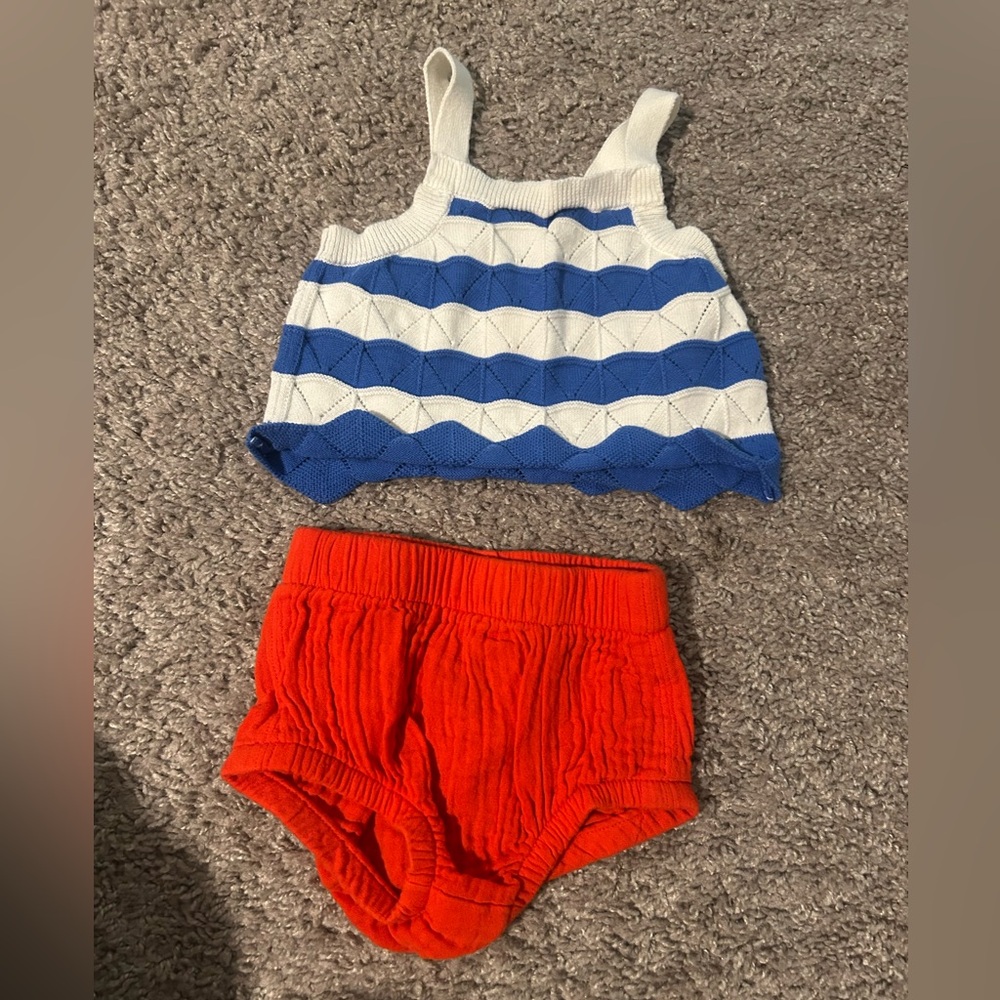 Striped Blue and White Tank Top with Red Shorts- 3-6 month